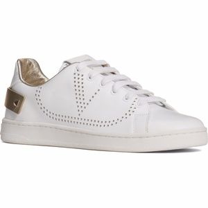 NIB $695 Valentino Net Perforated White Court Sneaker w/ Gold Accent- Size 10.5!